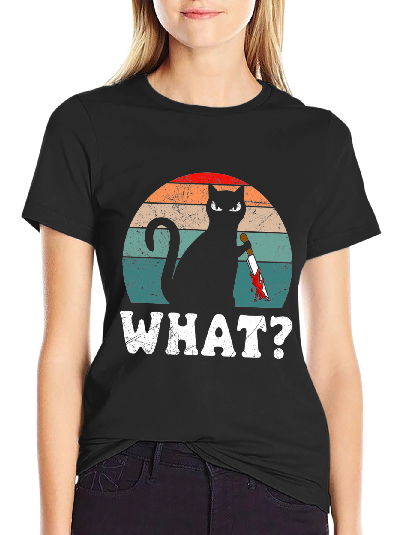 Cat With Knife T-Shirt - WHAT? Funny Graphic Tee