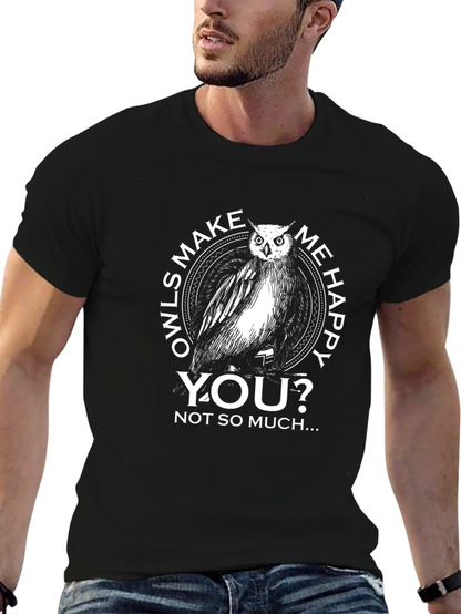 Owls Make Me Happy Mens Black Graphic Tee