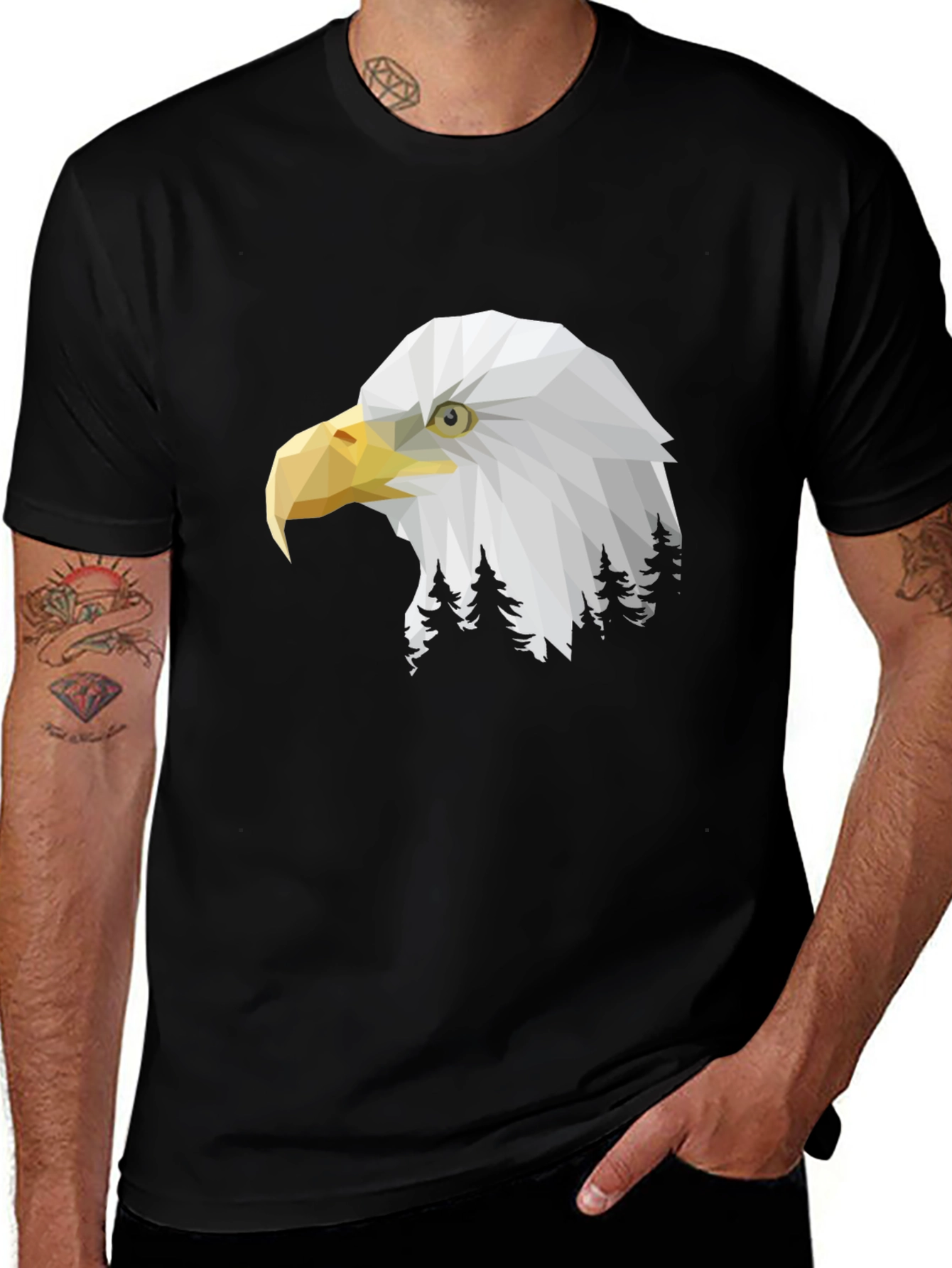 Geometric Eagle Head Graphic Print Black T-Shirt
