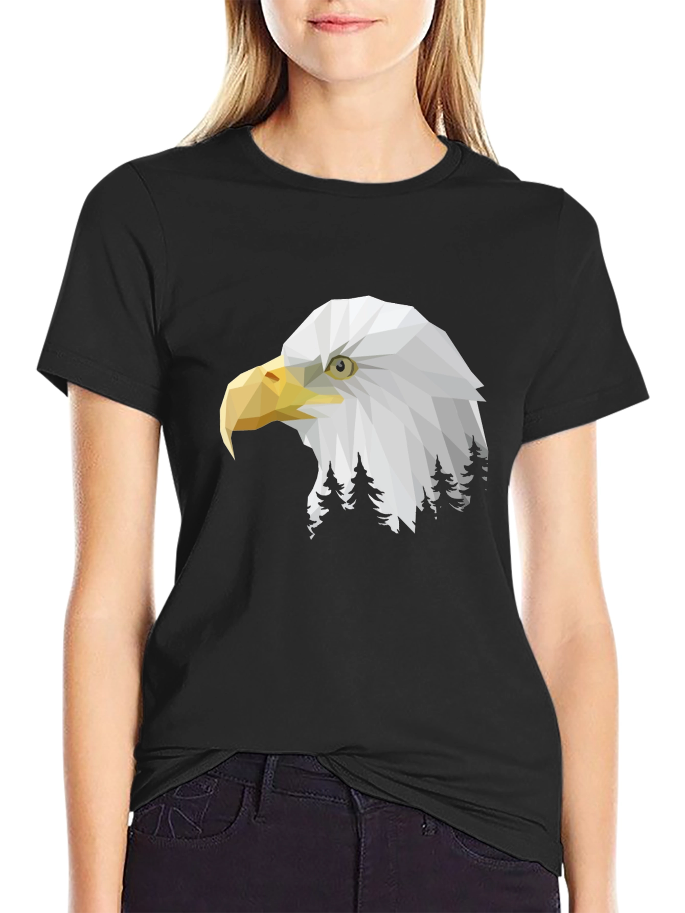 Geometric Eagle Head Graphic Print Black T-Shirt