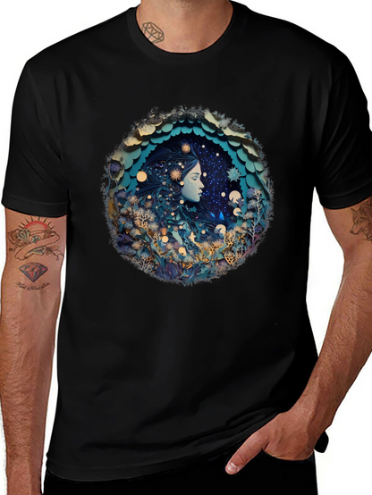 Celestial Dreamscape Graphic Tee - Black Cotton Blend