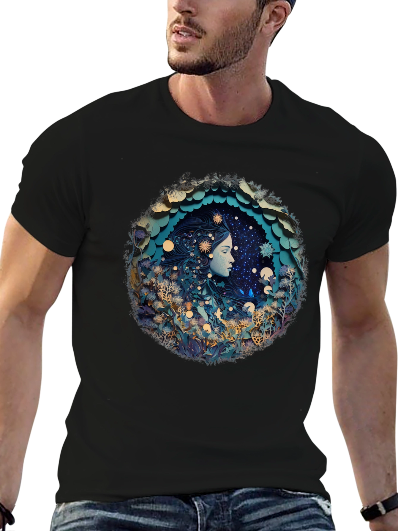 Celestial Dreamscape Graphic Tee - Black Cotton Blend