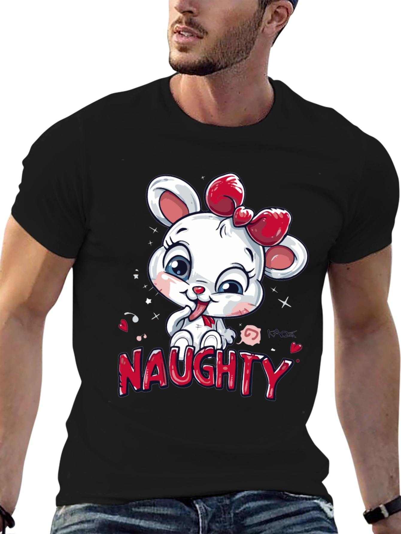 Naughty Cartoon Mouse Graphic Tee - Black Cotton T-Shirt