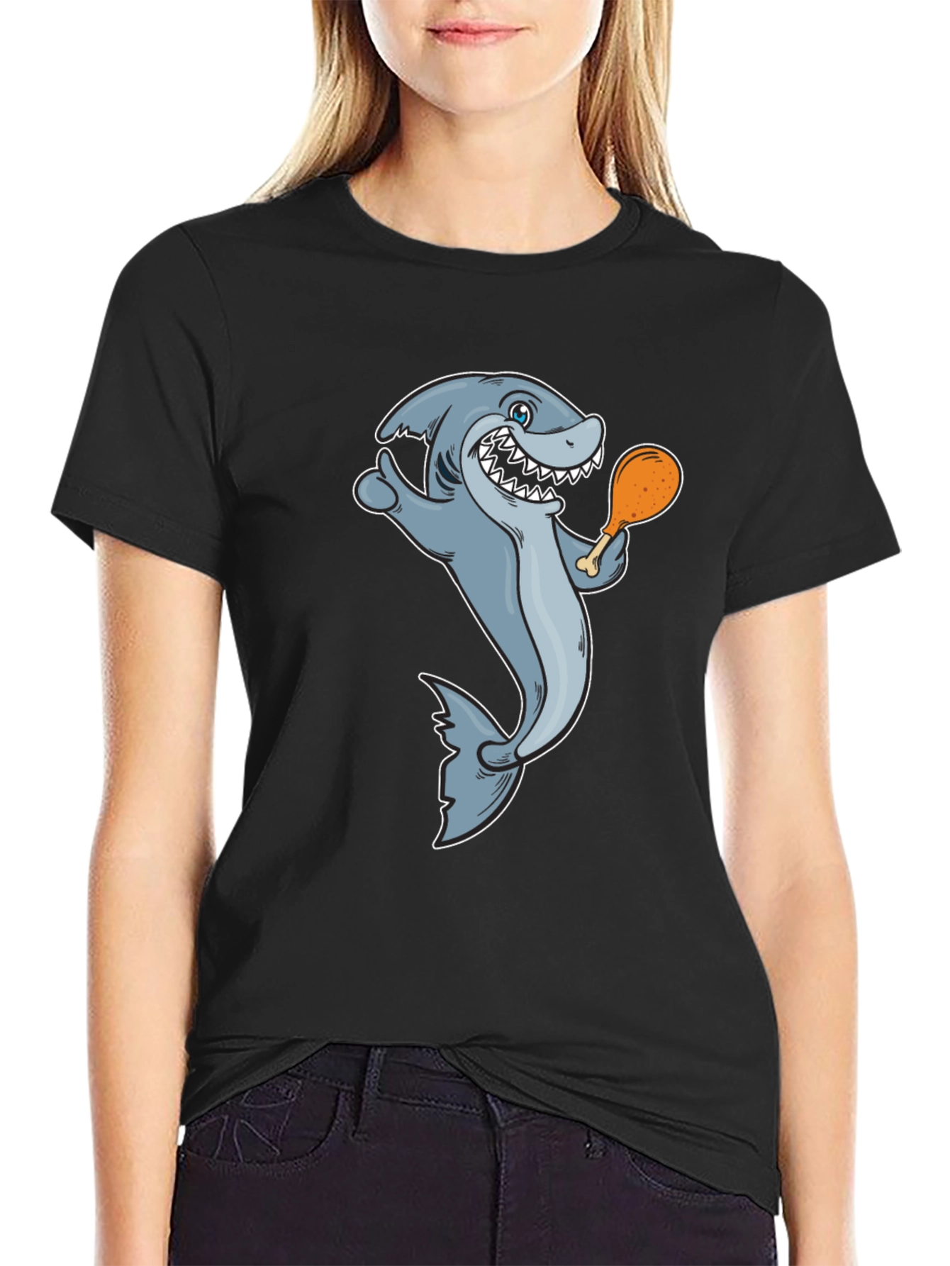 Shark Eating Chicken Leg Graphic Tee - Black