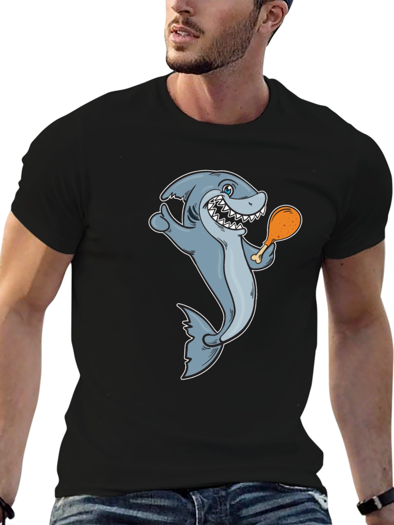Shark Eating Chicken Leg Graphic Tee - Black
