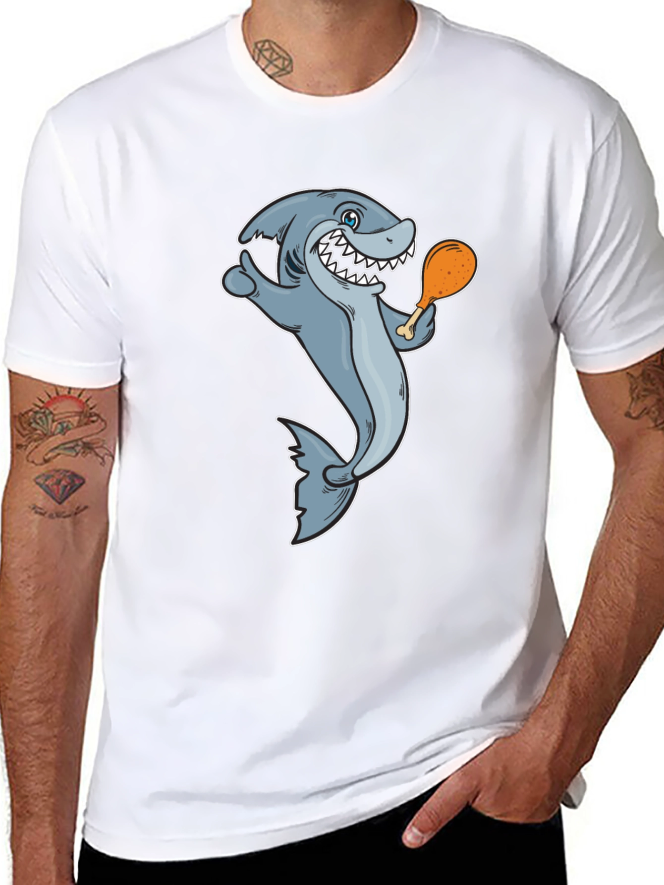 Shark Eating Chicken Leg Graphic Tee - Black