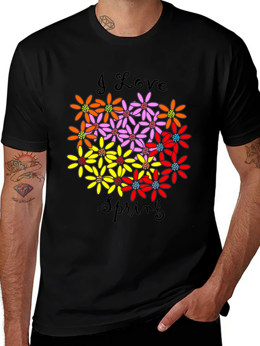 I Love Spring Floral Graphic Black T-Shirt