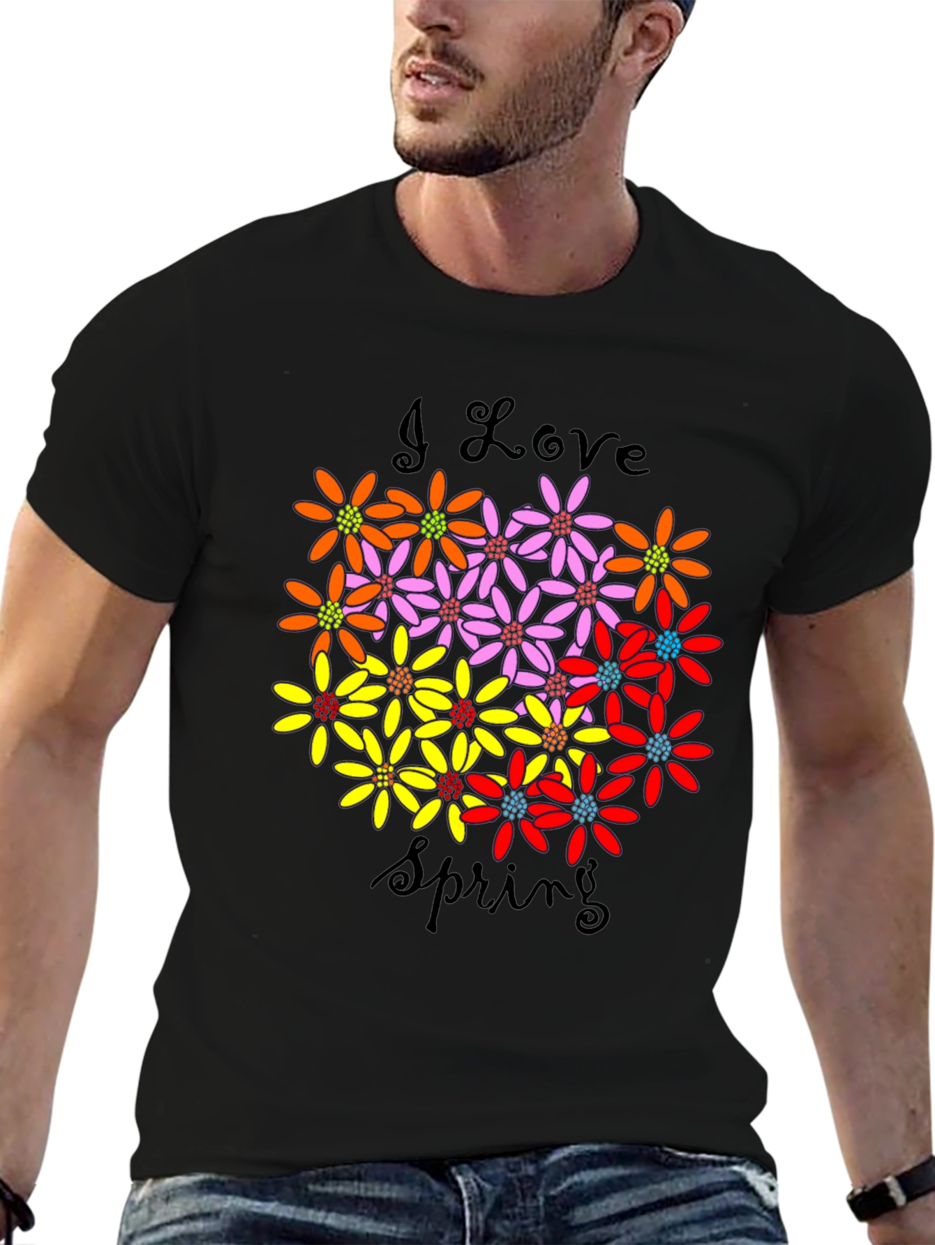 I Love Spring Floral Graphic Black T-Shirt