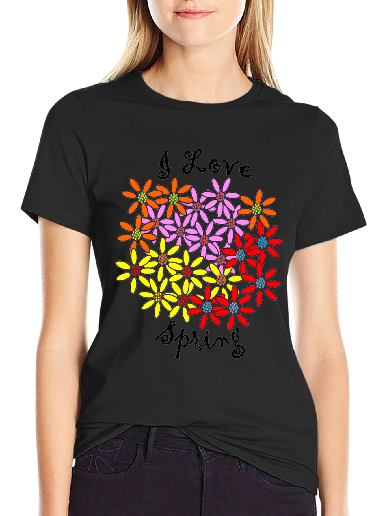 I Love Spring Floral Graphic Black T-Shirt