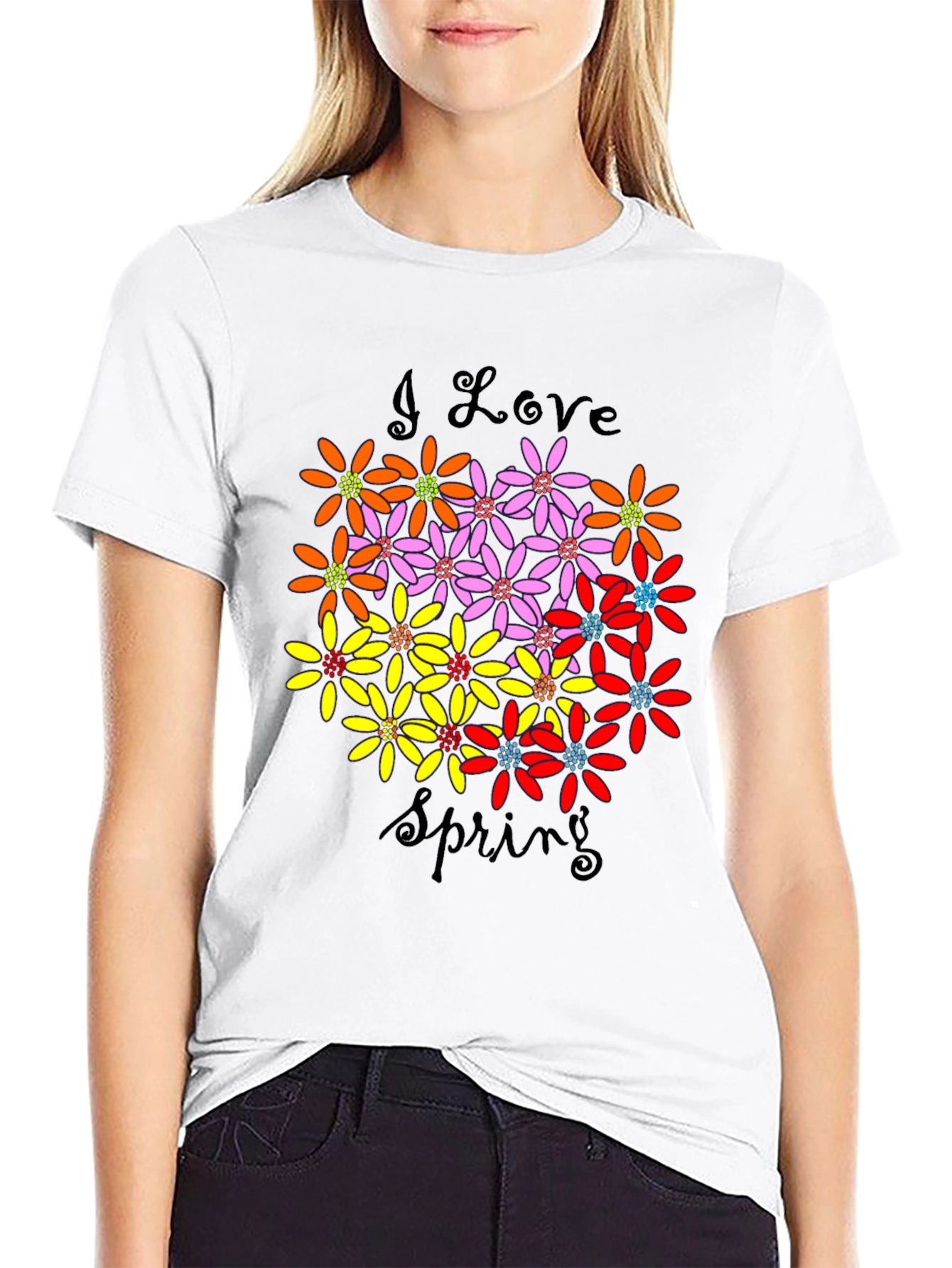 I Love Spring Floral Graphic Black T-Shirt