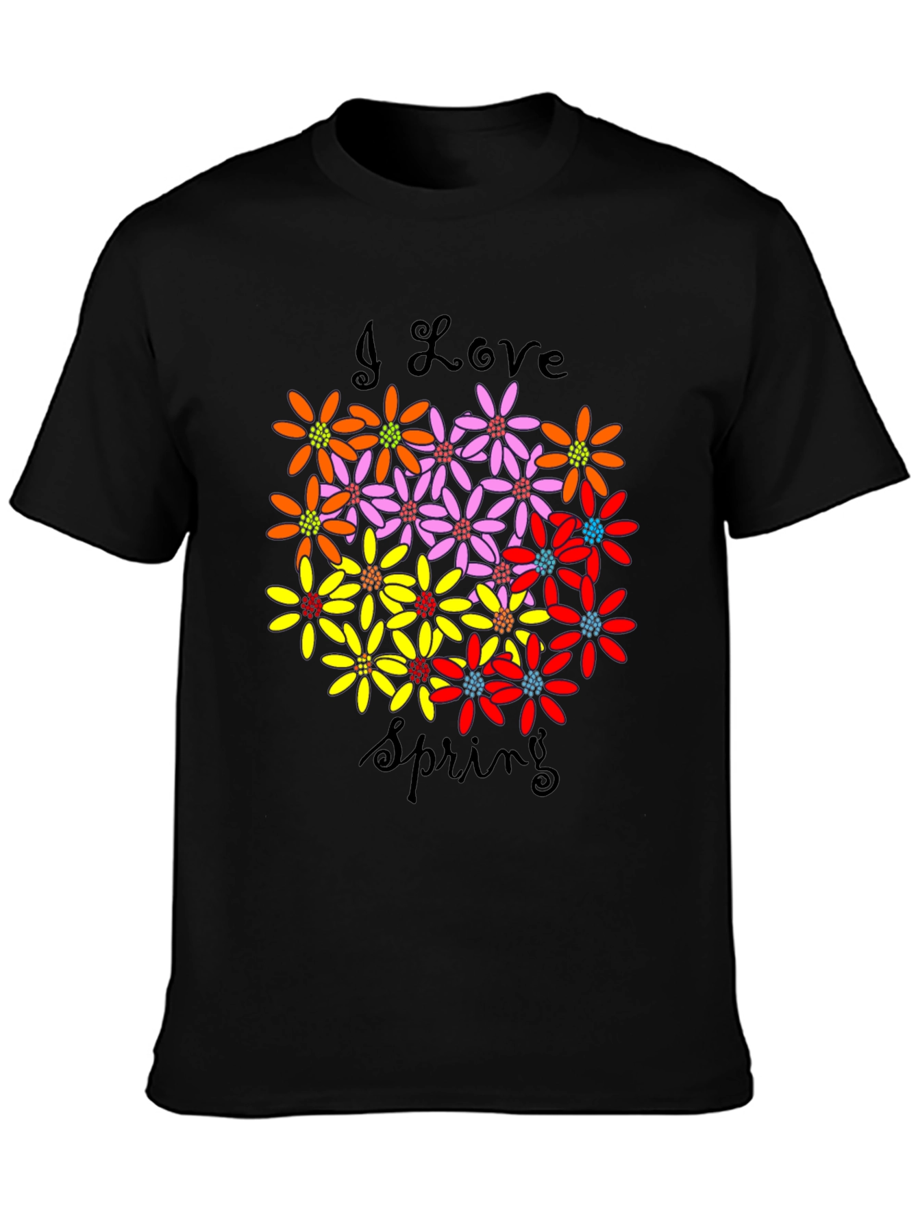 I Love Spring Floral Graphic Black T-Shirt