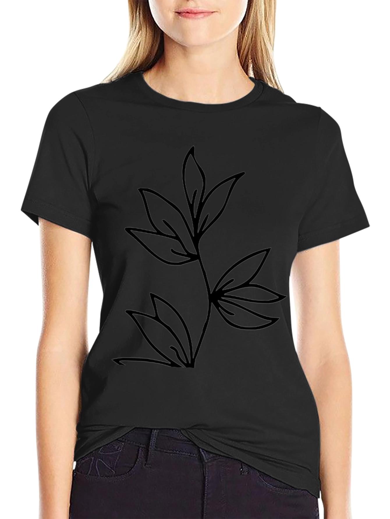 Minimalist Leaf Design Black T-Shirt