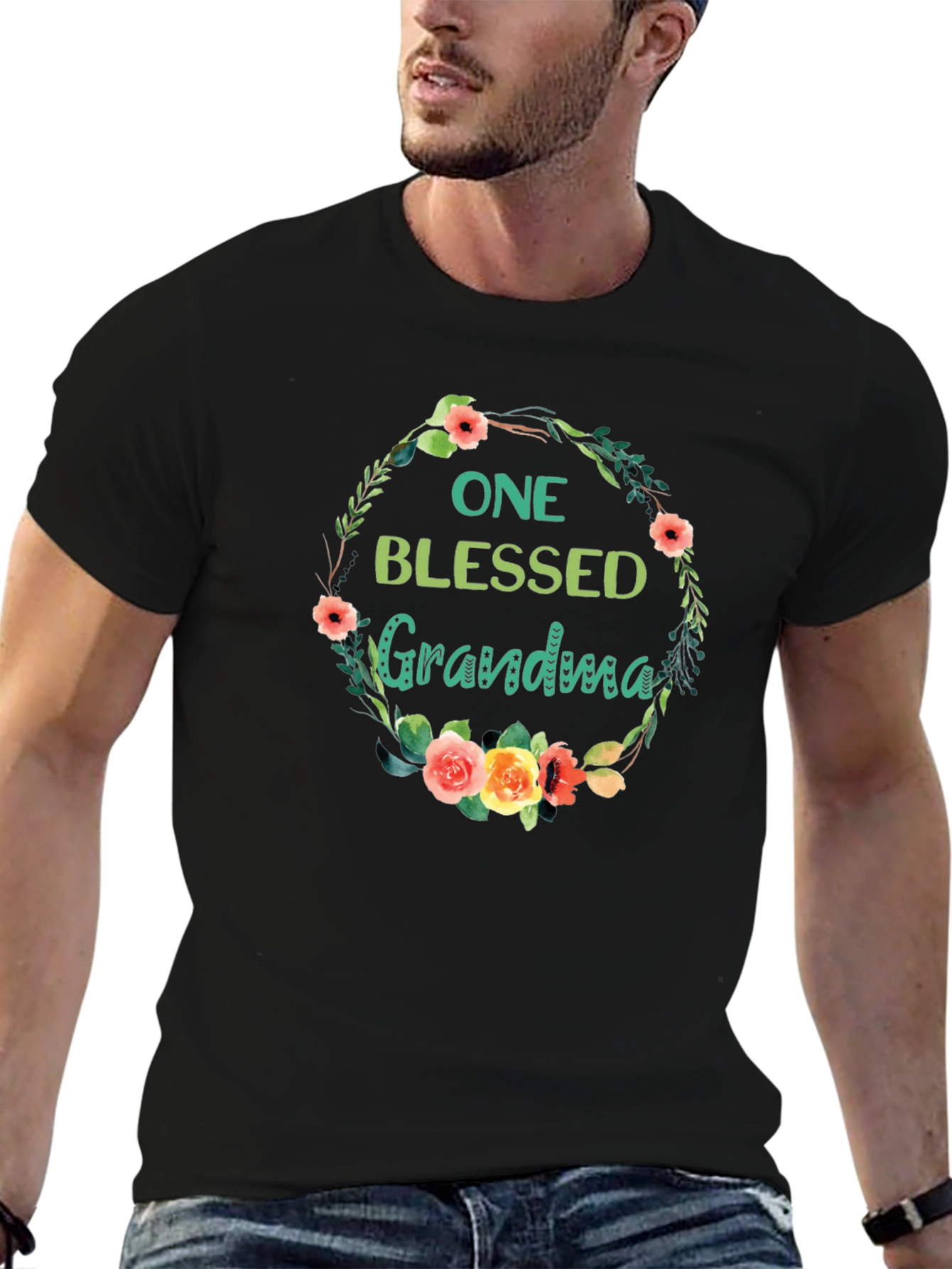 Blessed Grandma Floral Wreath Black T-Shirt