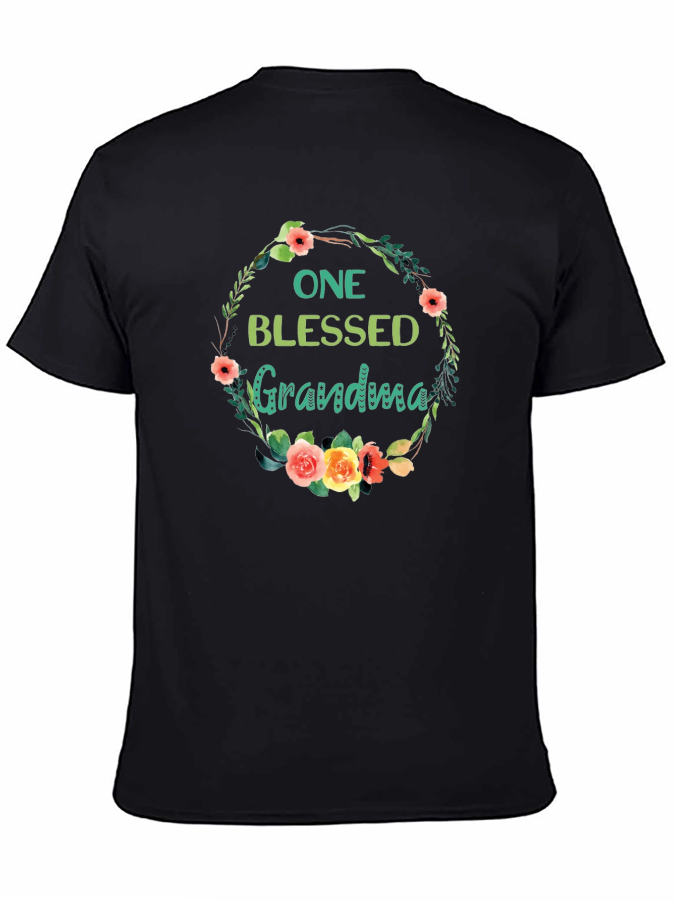 Blessed Grandma Floral Wreath Black T-Shirt
