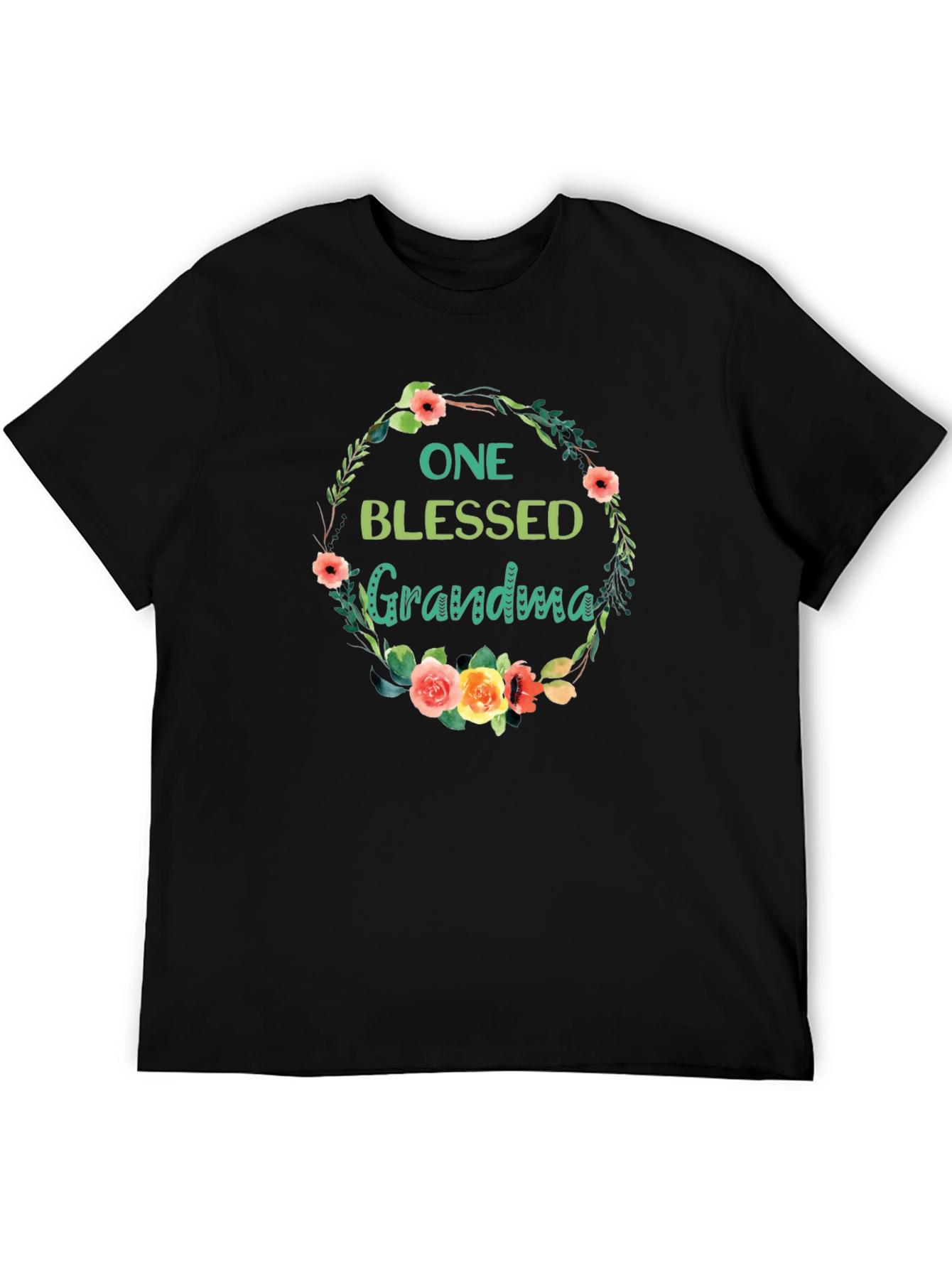Blessed Grandma Floral Wreath Black T-Shirt