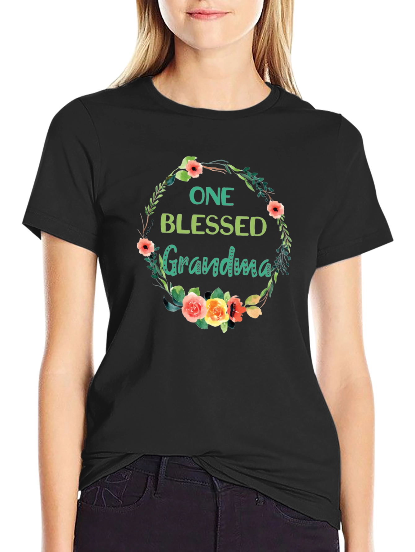 Blessed Grandma Floral Wreath Black T-Shirt