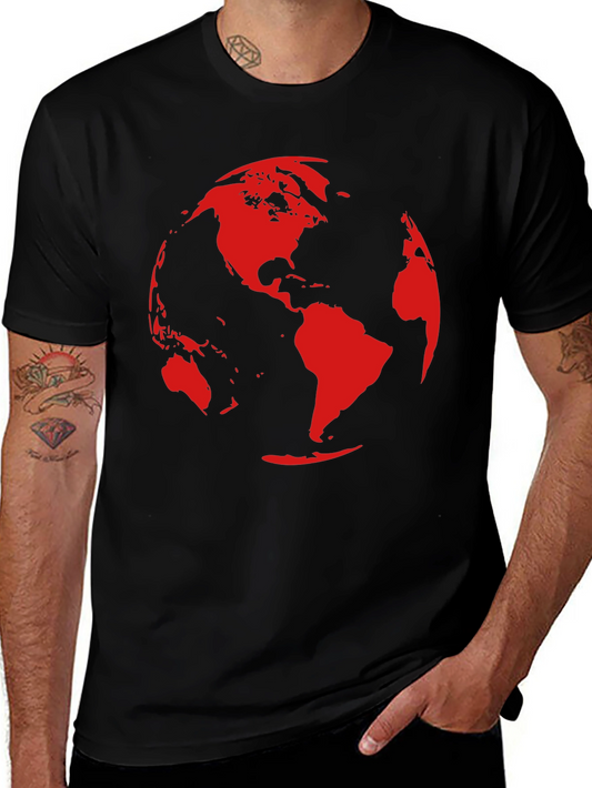 Earth Graphic Tee - Bold Red World Map Design on Black Cotton