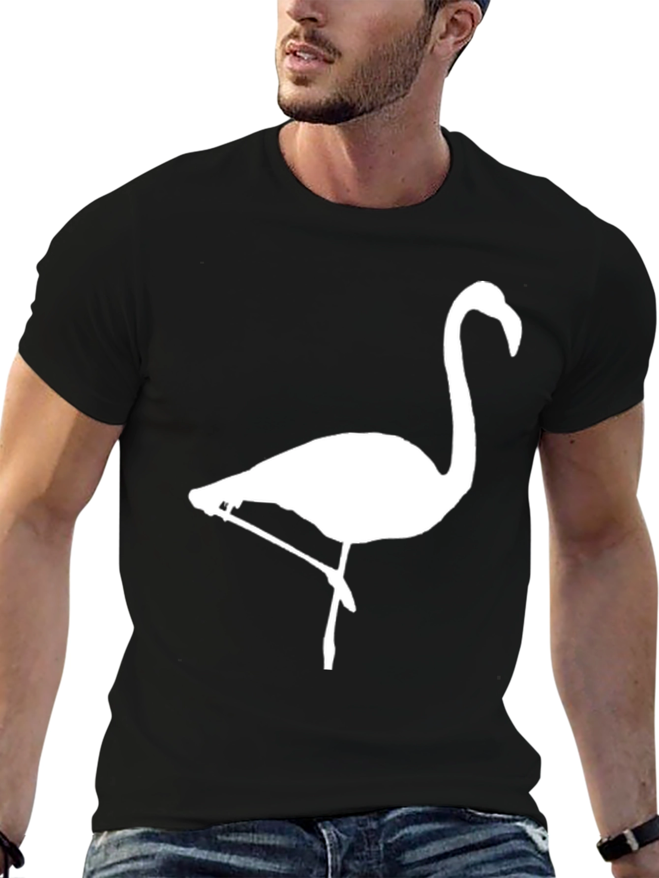 Black T-Shirt with White Flamingo Graphic