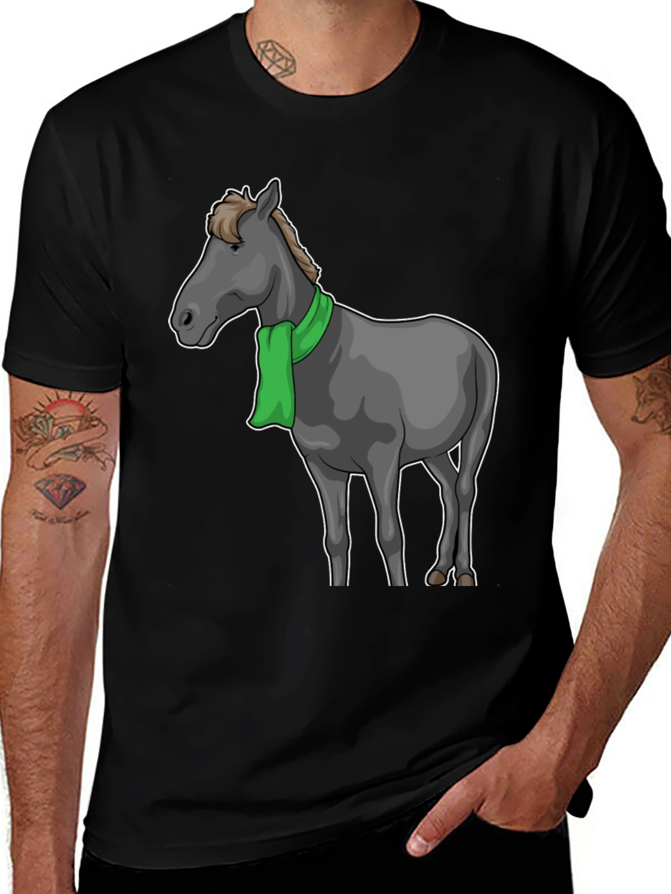 Horse Scarf Graphic Tee - Black Cotton T-Shirt