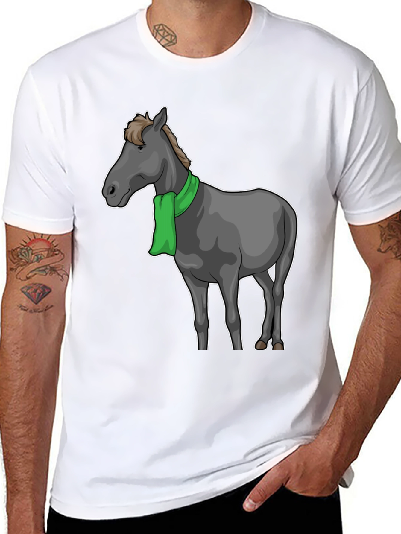 Horse Scarf Graphic Tee - Black Cotton T-Shirt