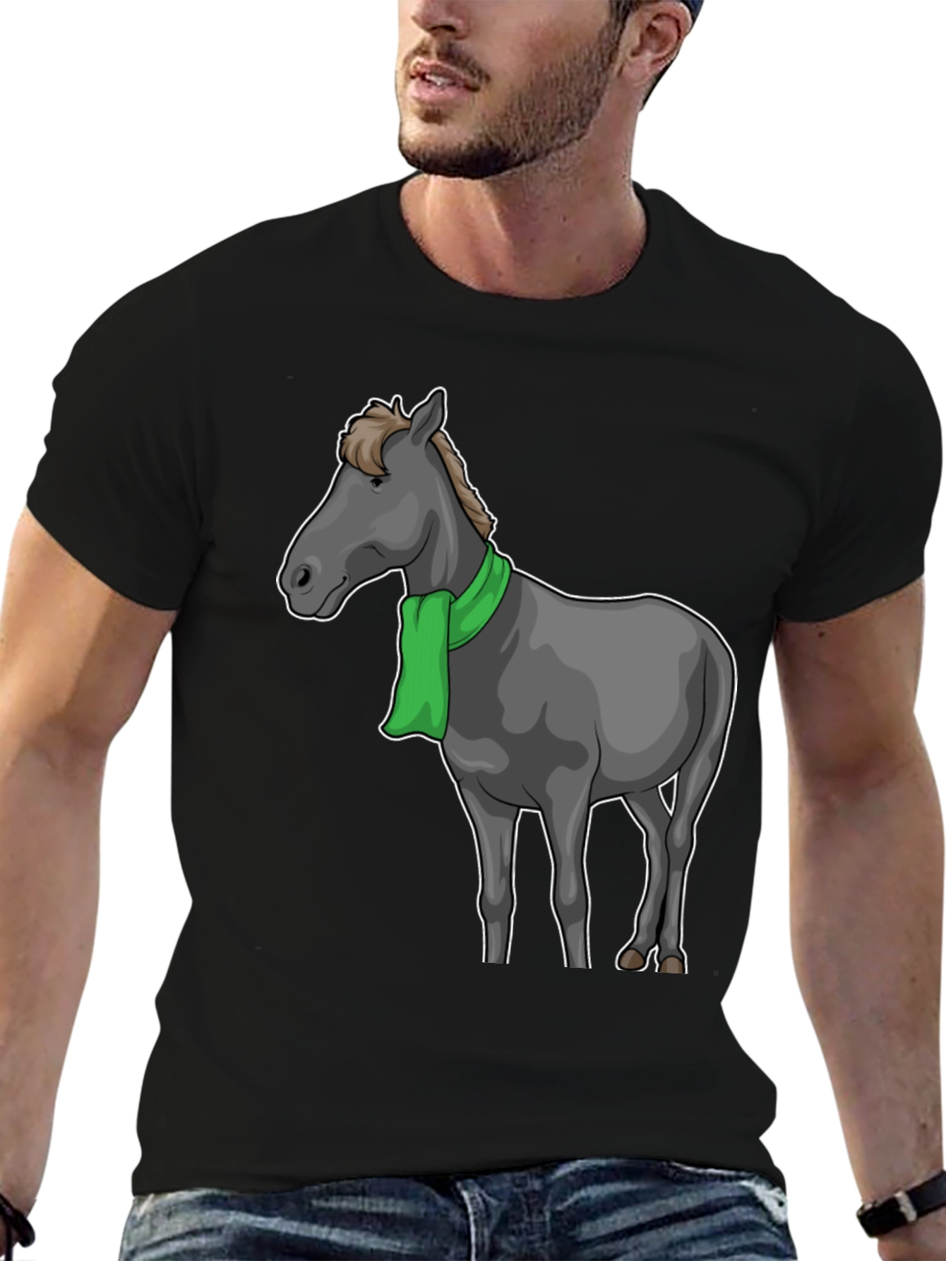 Horse Scarf Graphic Tee - Black Cotton T-Shirt