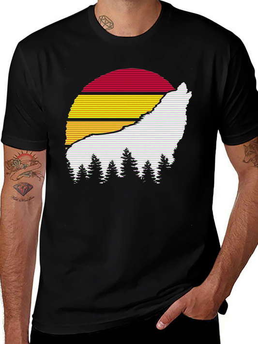 Retro Wolf Sunset Graphic Tee - Black Cotton Blend