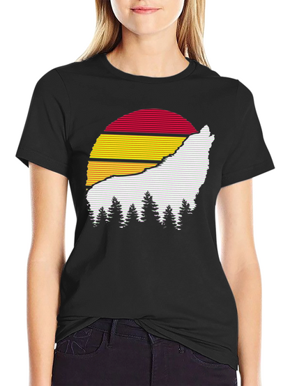 Retro Wolf Sunset Graphic Tee - Black Cotton Blend