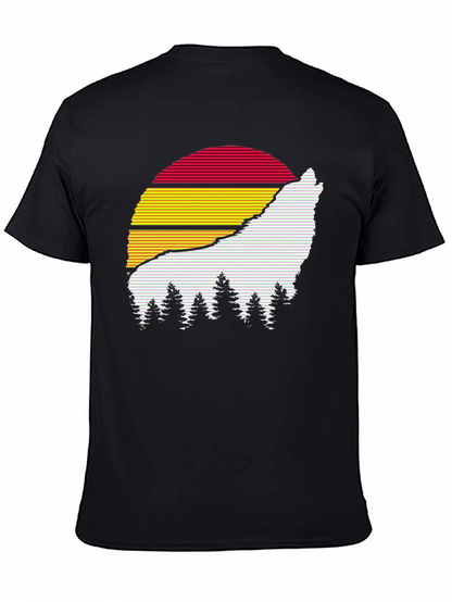 Retro Wolf Sunset Graphic Tee - Black Cotton Blend