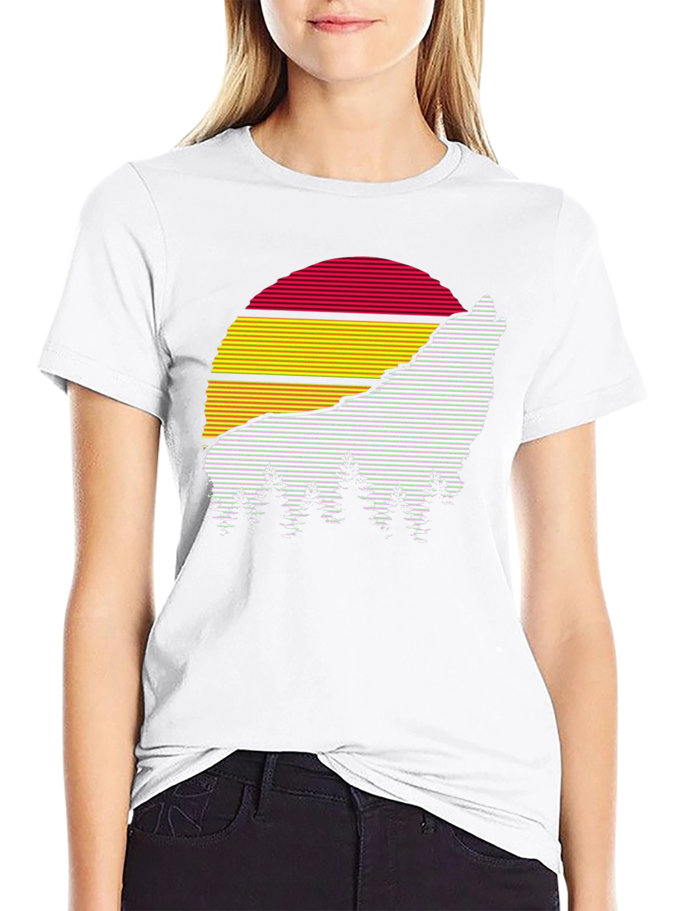 Retro Wolf Sunset Graphic Tee - Black Cotton Blend