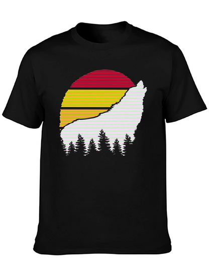 Retro Wolf Sunset Graphic Tee - Black Cotton Blend