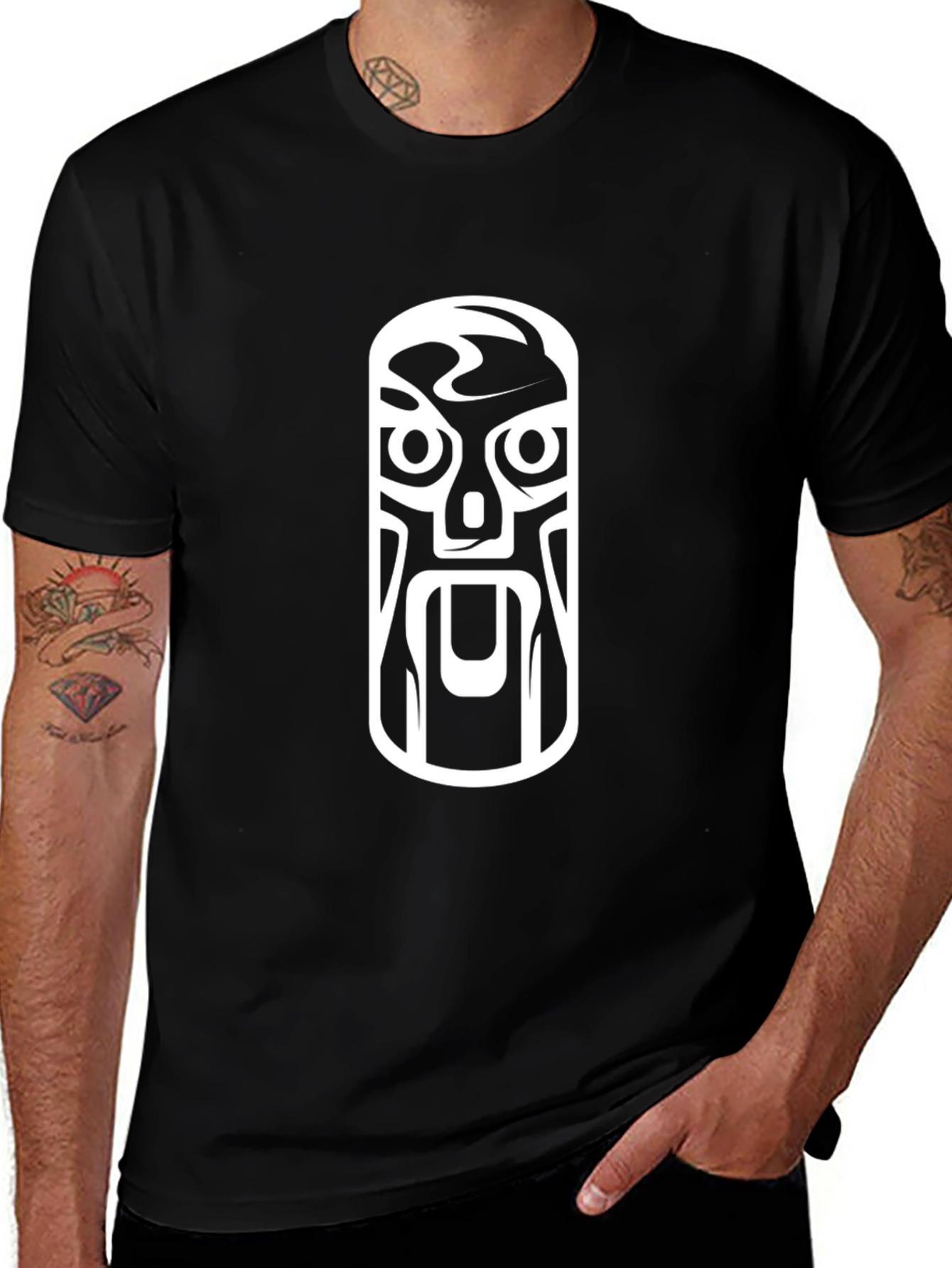 Tribal Mask Graphic Tee - Black Cotton T-Shirt