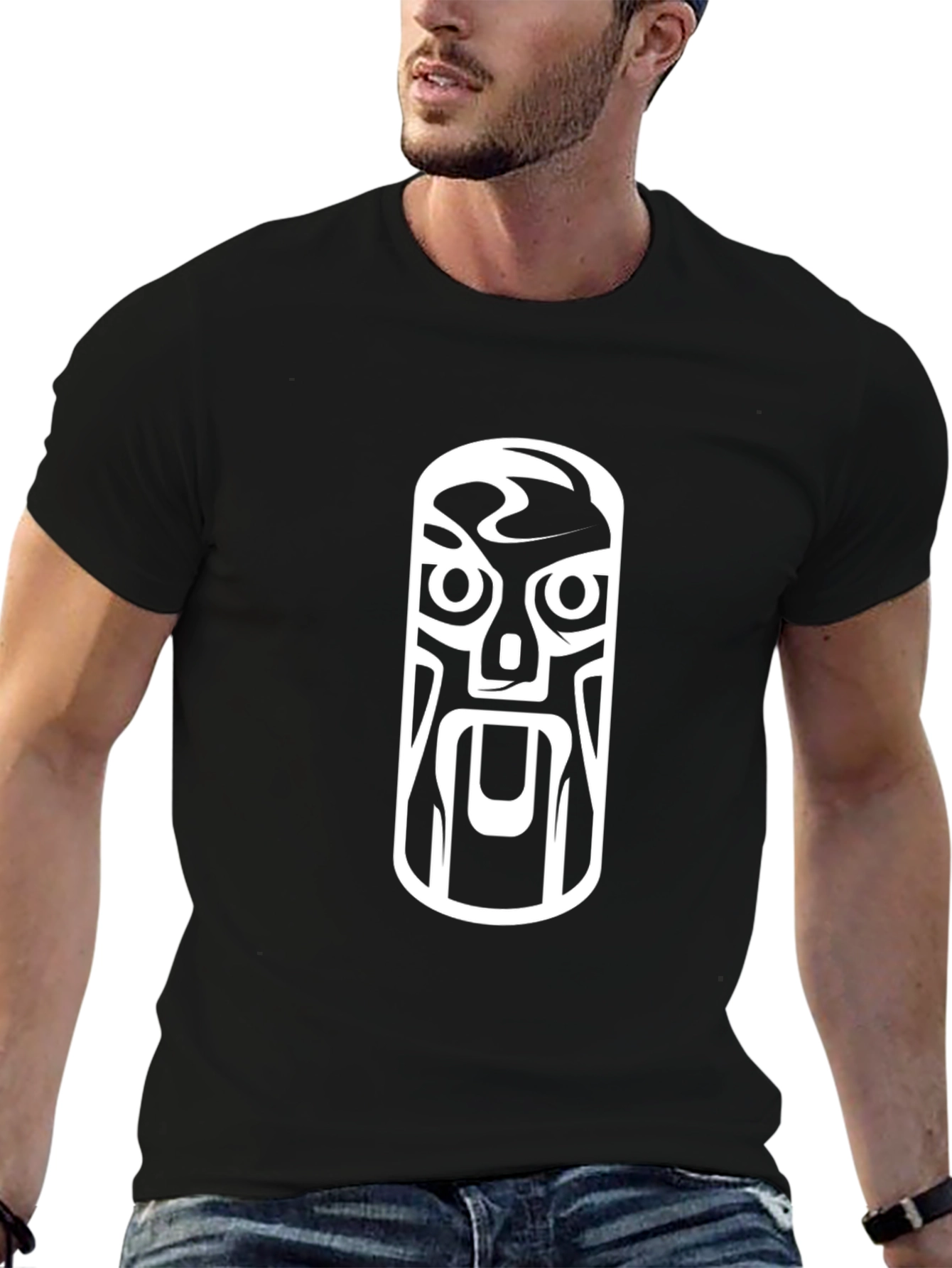 Tribal Mask Graphic Tee - Black Cotton T-Shirt