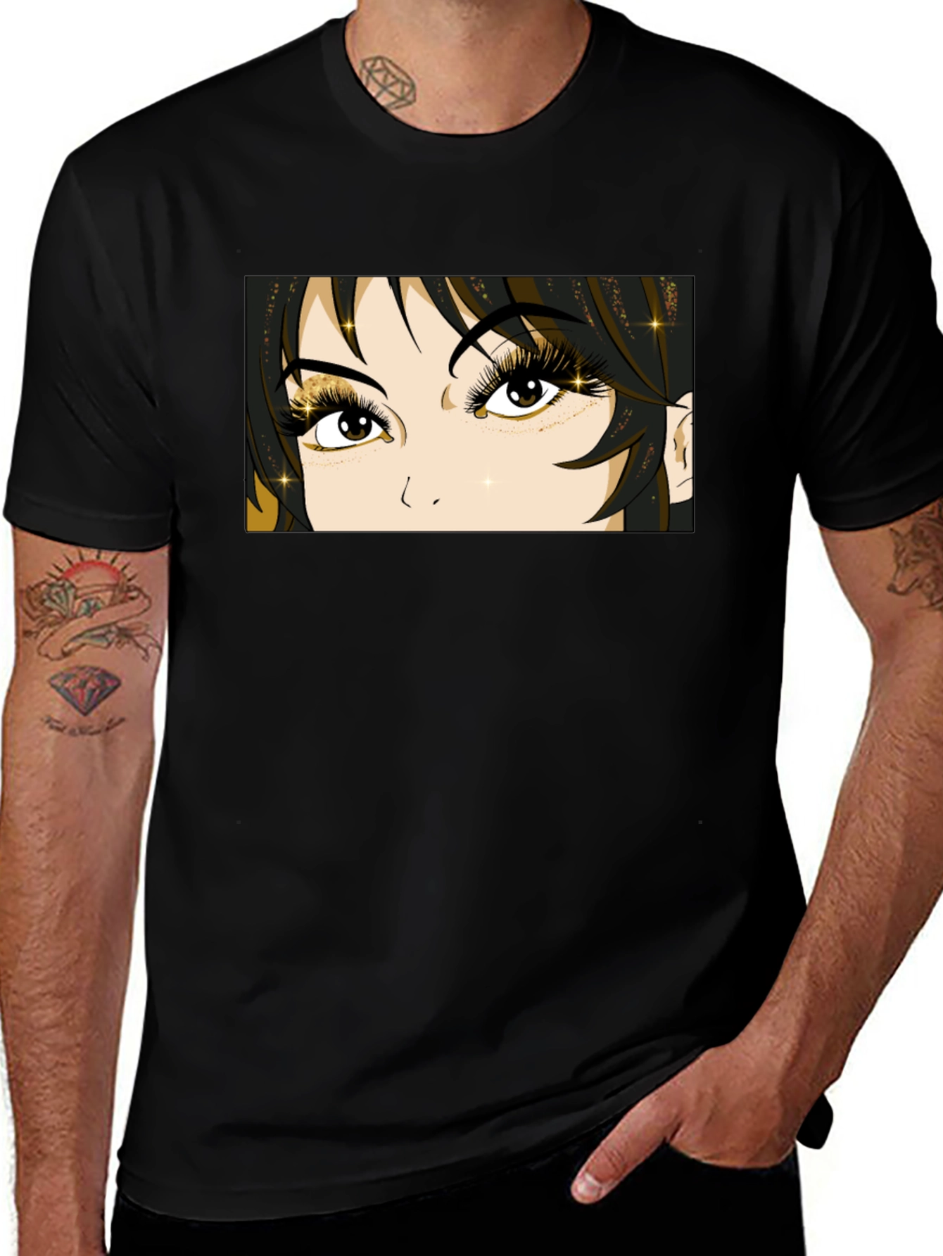 Anime Eyes Graphic Tee - Black Cotton T-Shirt