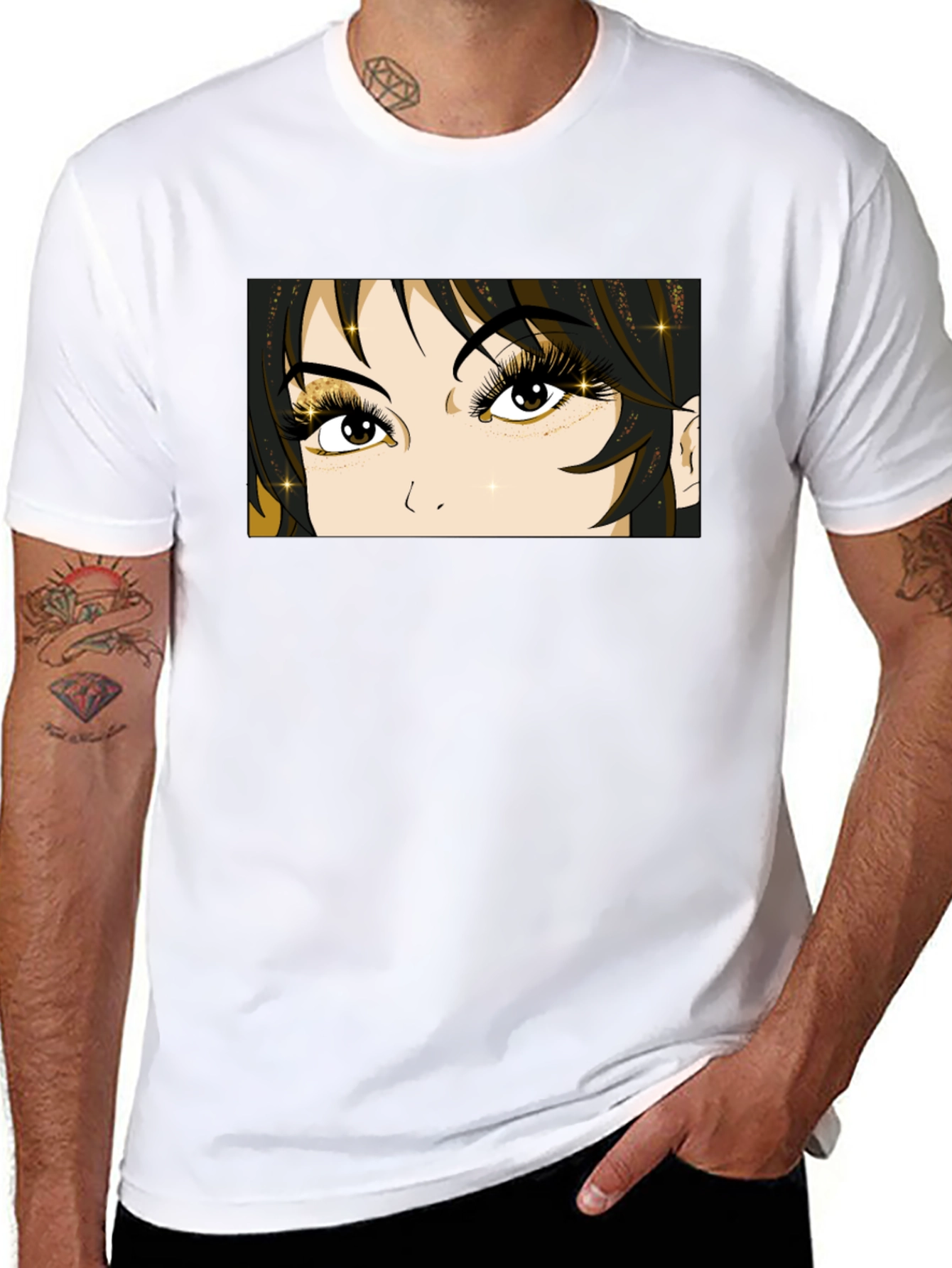 Anime Eyes Graphic Tee - Black Cotton T-Shirt
