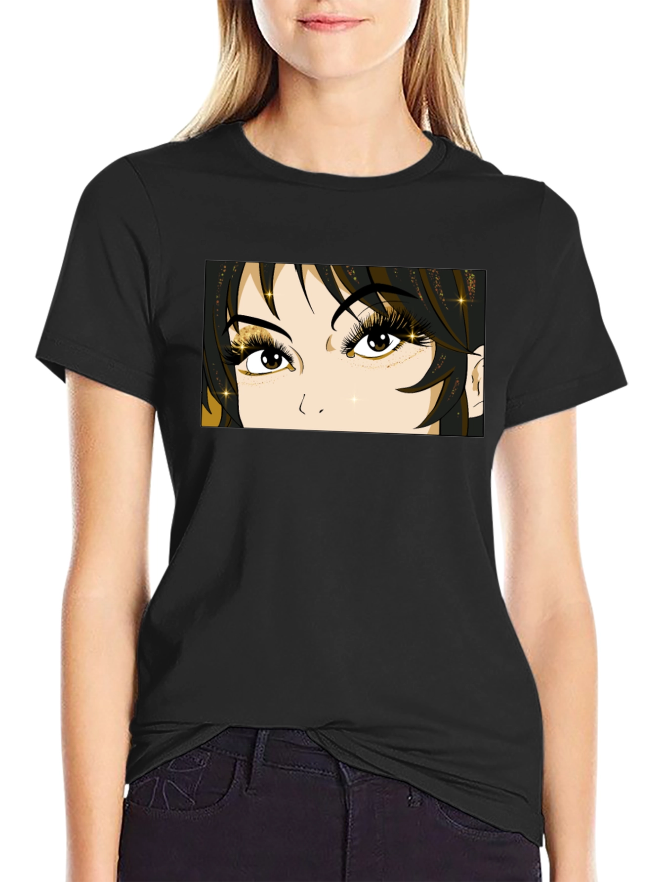 Anime Eyes Graphic Tee - Black Cotton T-Shirt