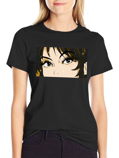 Anime Eyes Graphic Tee - Black Cotton T-Shirt