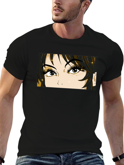Anime Eyes Graphic Tee - Black Cotton T-Shirt
