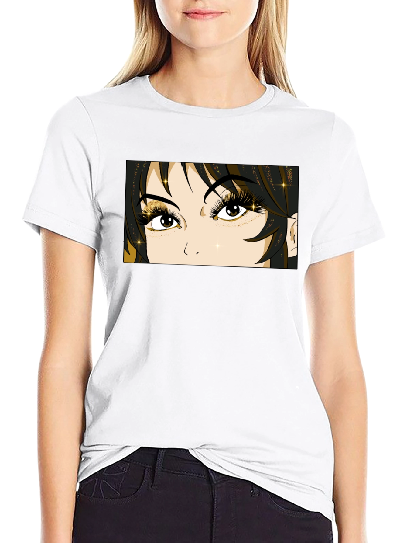Anime Eyes Graphic Tee - Black Cotton T-Shirt