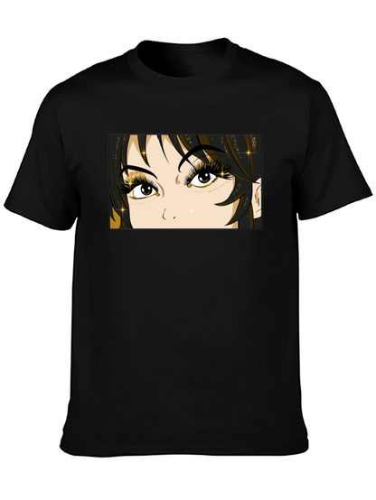 Anime Eyes Graphic Tee - Black Cotton T-Shirt