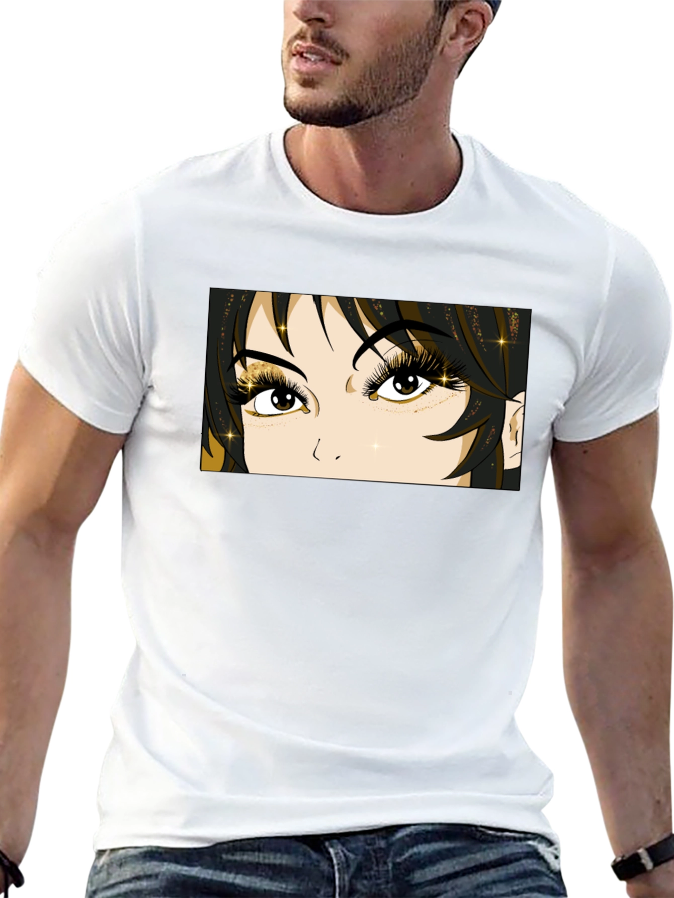 Anime Eyes Graphic Tee - Black Cotton T-Shirt