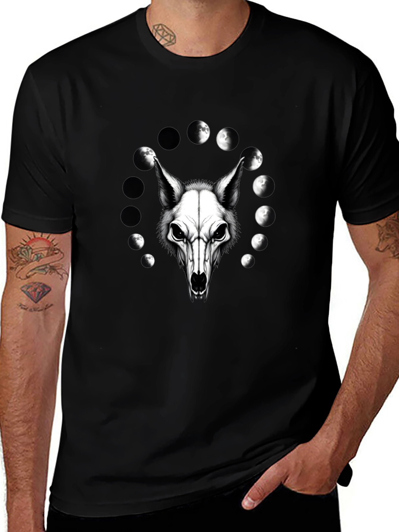 Lunar Wolf Skull T-Shirt - Gothic Moon Phase Design