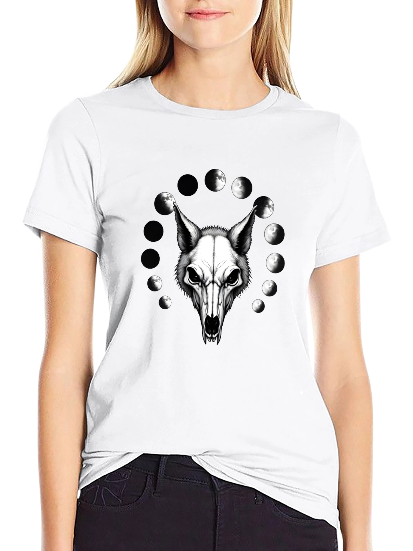 Lunar Wolf Skull T-Shirt - Gothic Moon Phase Design