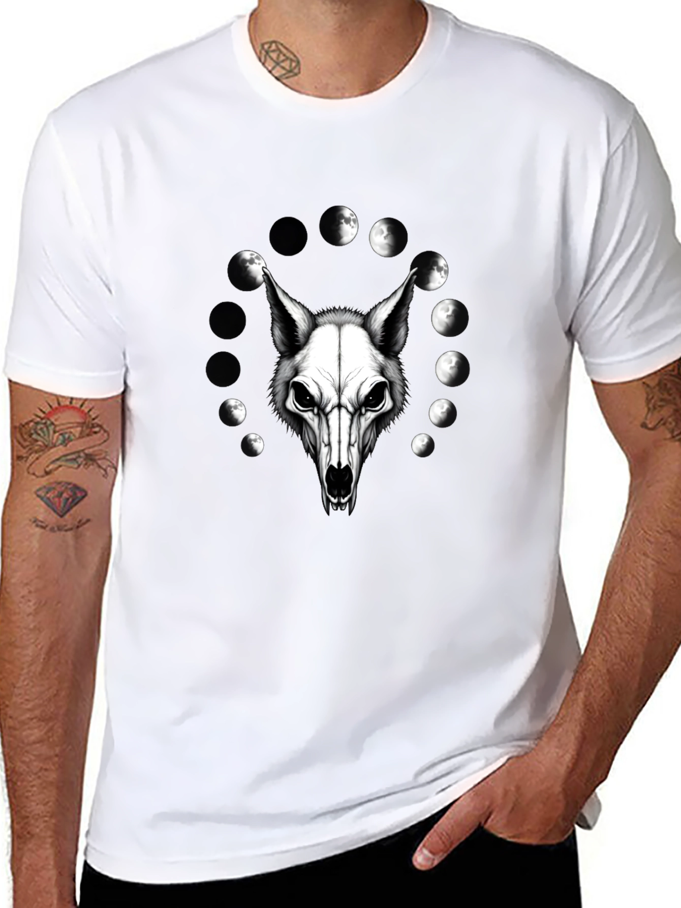 Lunar Wolf Skull T-Shirt - Gothic Moon Phase Design