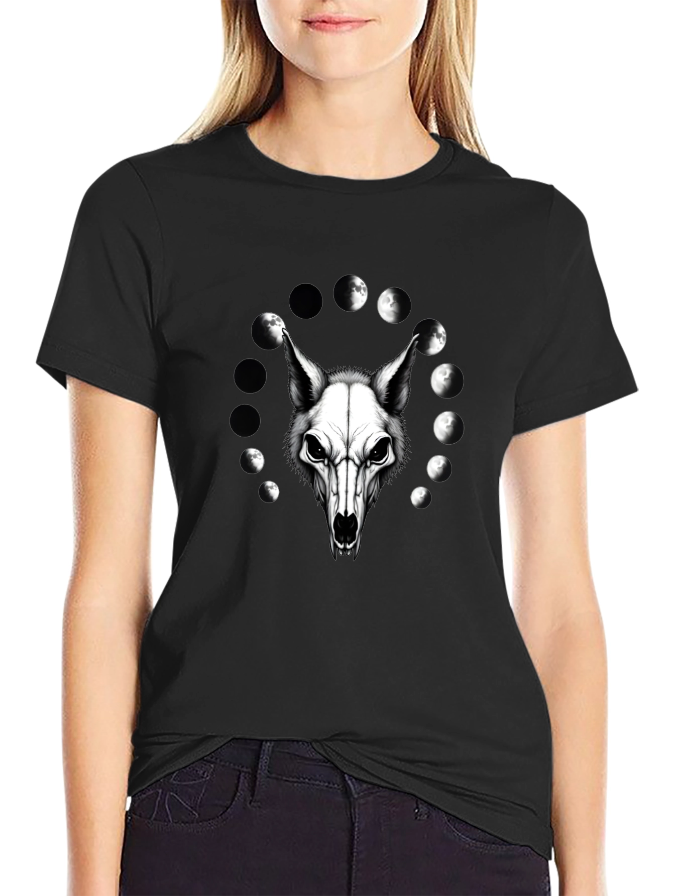 Lunar Wolf Skull T-Shirt - Gothic Moon Phase Design