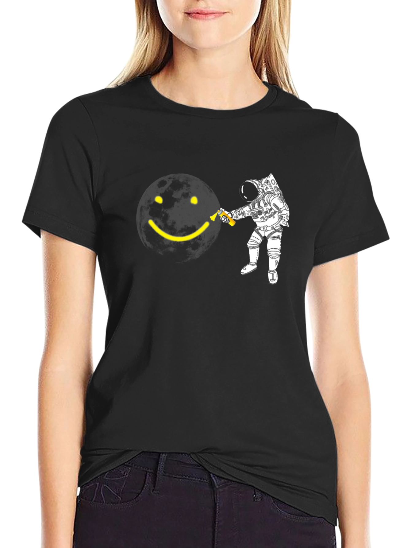 Astronaut Smiley Face Graphic Black T-Shirt