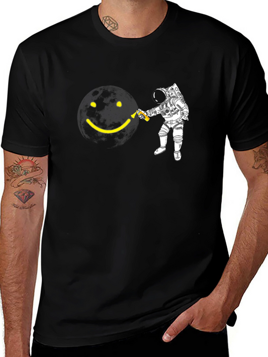 Astronaut Smiley Face Graphic Black T-Shirt