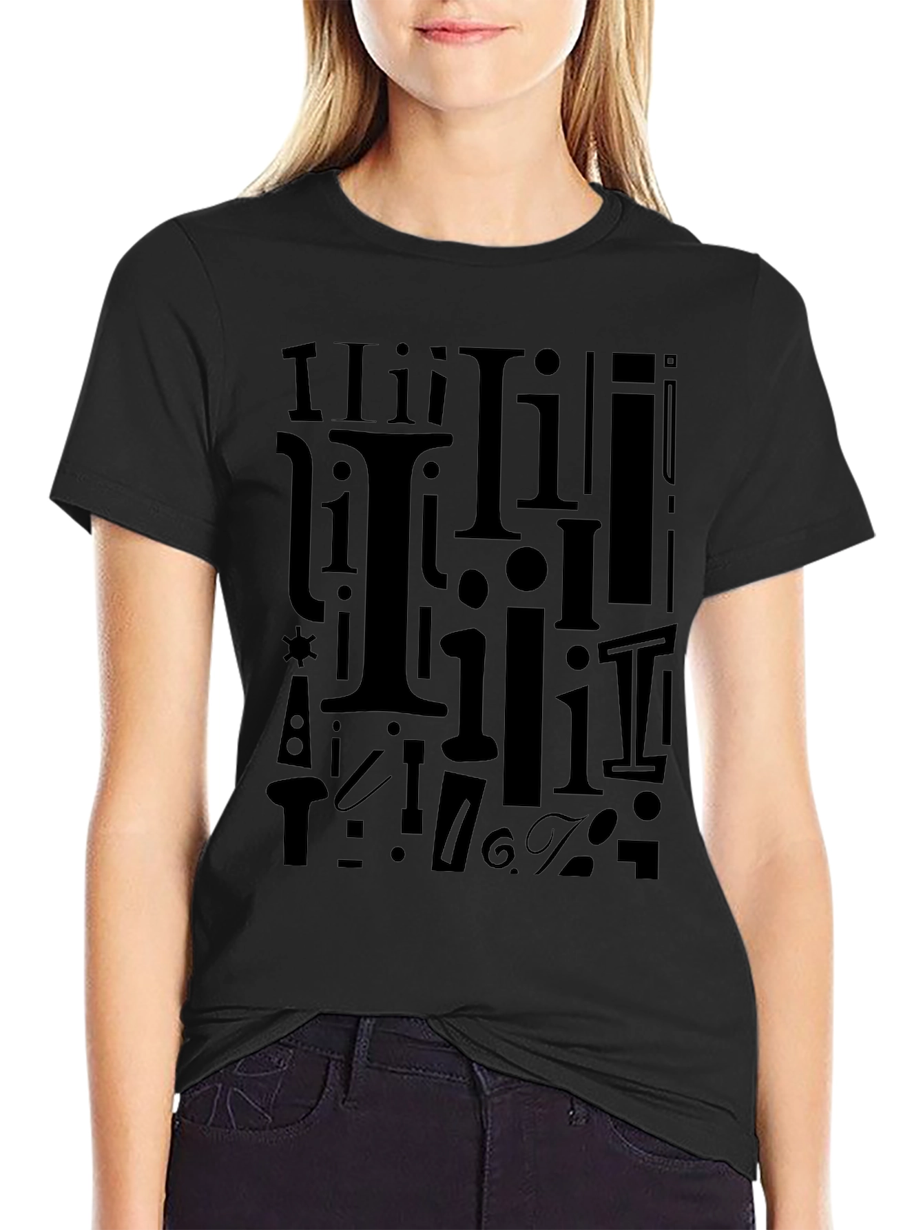 I Pattern Black Crew Neck T-Shirt