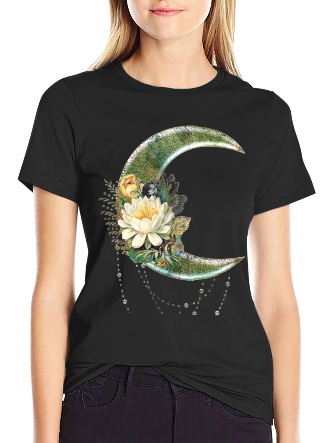 Floral Moon Graphic T-Shirt - Stylish Crescent Design