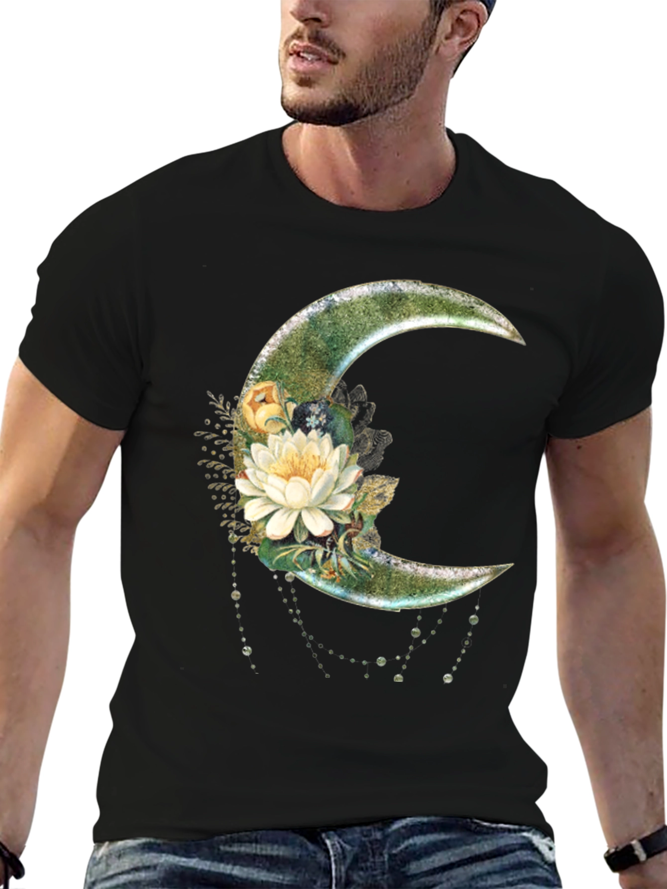 Floral Moon Graphic T-Shirt - Stylish Crescent Design