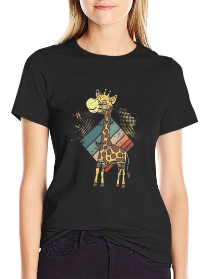 Retro Giraffe Graphic Tee - Black Cotton T-Shirt